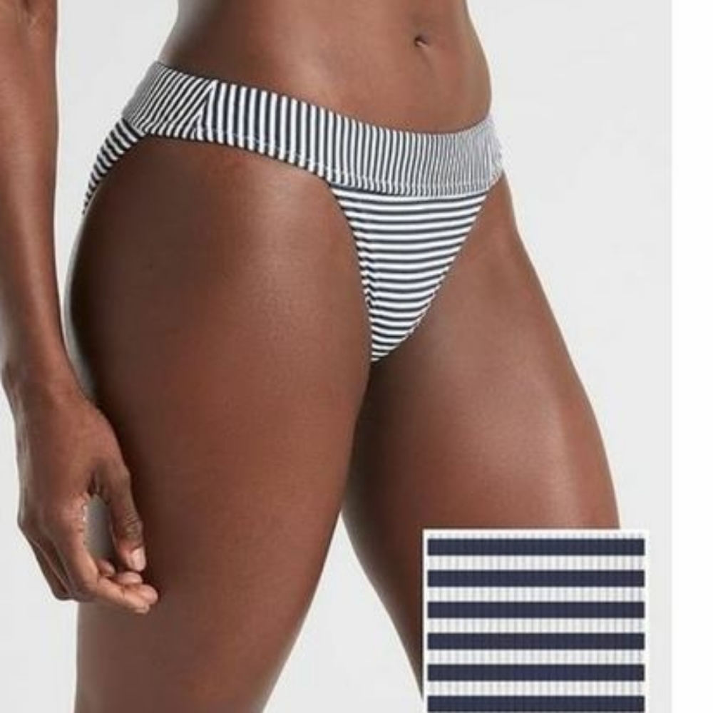 NWT Athleta Navy Rib Stripe Mid Rise Bikini Bottom sz XL